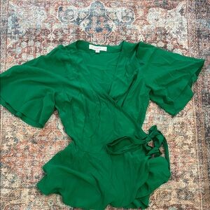 LOFT Green Wrap Blouse with Bell Sleeves